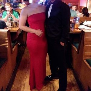 Fitted red strapless gown